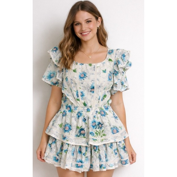 LoveShackFancy Dresses & Skirts - LoveShackFancy Floral Ruffle Cottage Smocked Tiered Mini Dress SZ Medium Twee